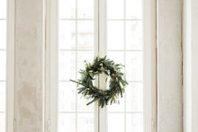Christmas Wreath On The Window. Festive Decor In Bright Colors.