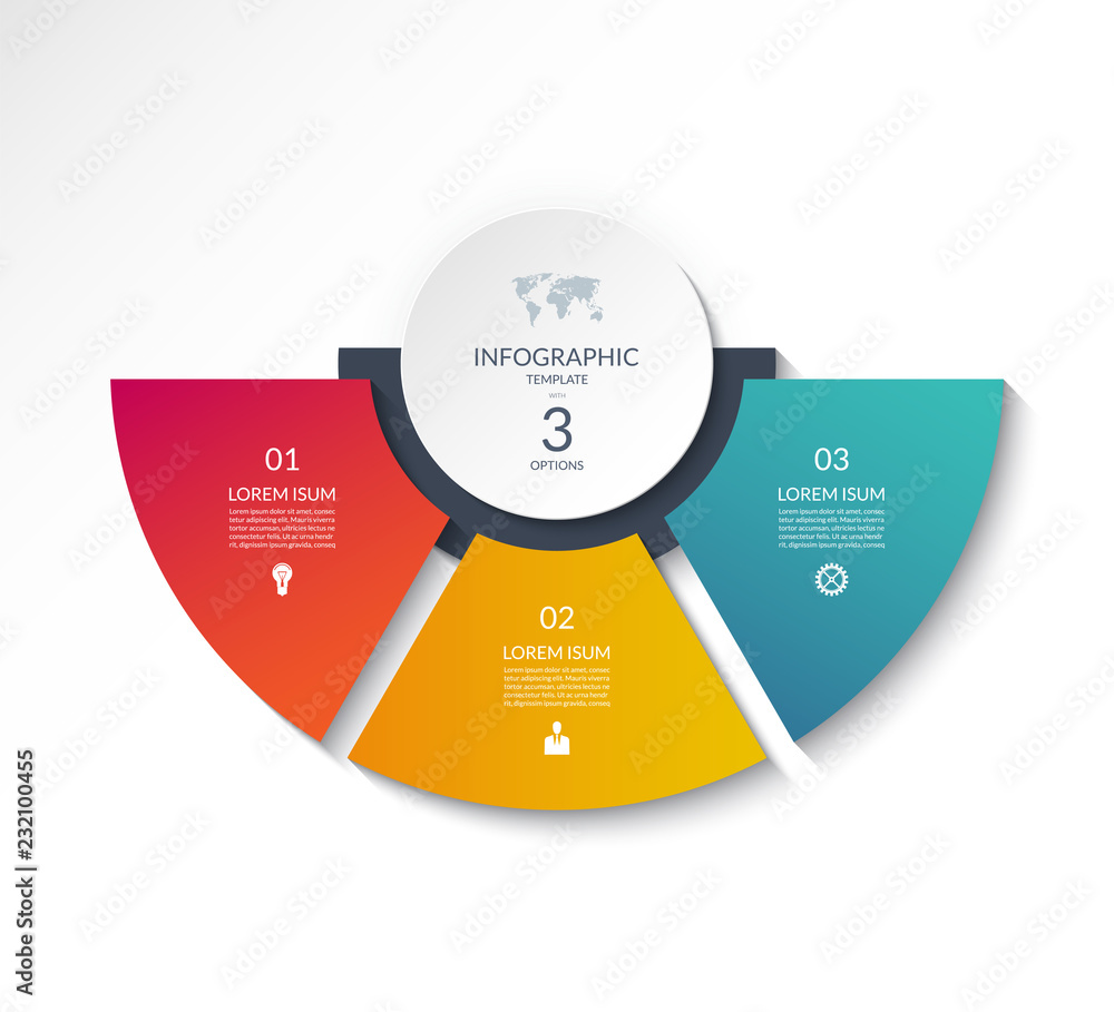 Business infographic semi circle template with 3 options. Can be used as a chart, workflow layout, diagram, data visualization, minimalistic web banner. - obrazy, fototapety, plakaty 