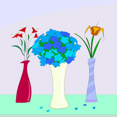  flowers on the table in vases drawn in a simple style