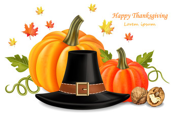 Wall Mural - Thanksgiving card with traditional hat Vector realistic. 3d detailed illustrations. pumpkin decors