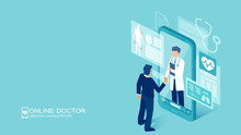 Vector Of A Patient Meeting A Doctor Online Using A Smartphone Technology