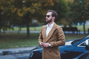 business handsome man in a coat near the car