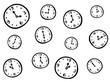 © eakgaraj - Set of time in drawing style. Cartoon clocks in doodle. Wallpaper seamless pattern background.