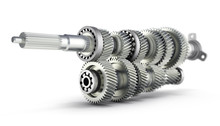 Automotive transmission gearbox Gears inside on white background 3d render with blur