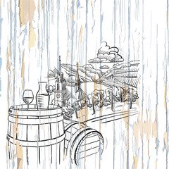 Wall Mural - Wine and vineyard on wooden background