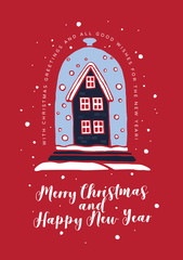 Wall Mural - greeting card merry christmas and happy new year. vintage cute house, covered with snow under a glas