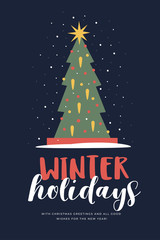 Wall Mural - festive card with a decorated christmas tree on dark background. decorative composition is ideal for