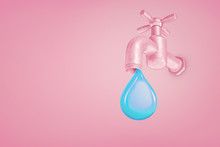 3d Rendering Of Large Pink Water Tap With A Giant Blue Water Drip Falling From It On A Pink Background.