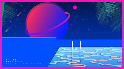 Space tropical pool. futuristic vaporwave minimal illustration background