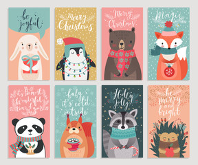 Poster - Christmas cards with animals, hand drawn style.