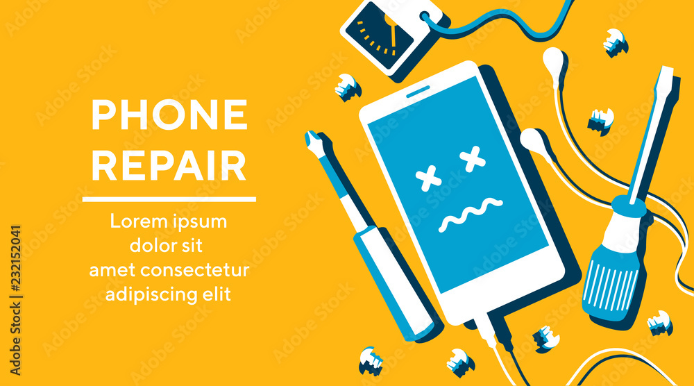 Phone repair fix poster banner flat vector illustration - obrazy, fototapety, plakaty 