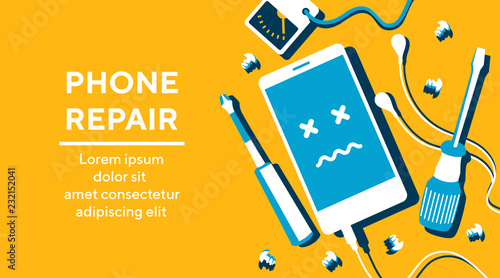 Cuadros en Lienzo Phone repair fix poster banner flat vector illustration