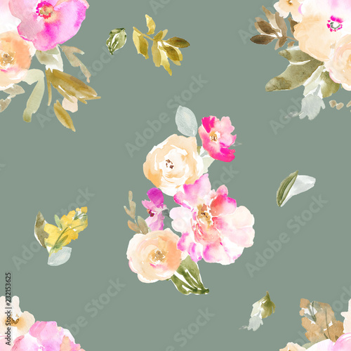 Watercolor Flower Seamless Pattern. Repeating Floral Pattern Background
