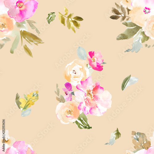 Watercolor Flower Seamless Pattern. Repeating Floral Pattern Background