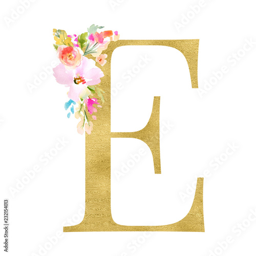 Gold and Floral Monogram Letters. Decorative ABC Alphabet