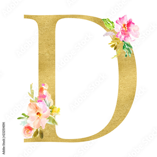 Gold and Floral Monogram Letters. Decorative ABC Alphabet