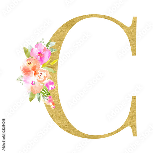 Gold and Floral Monogram Letters. Decorative ABC Alphabet