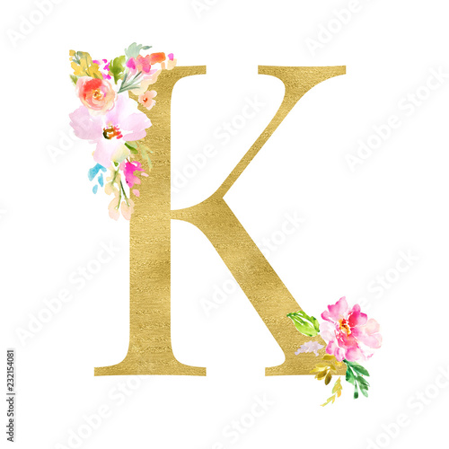Gold and Floral Monogram Letters. Decorative ABC Alphabet