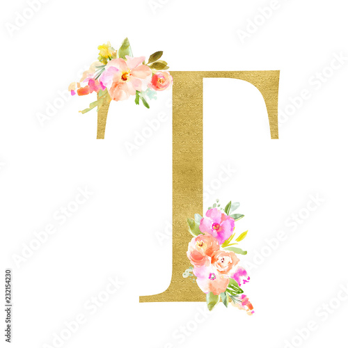 Gold and Floral Monogram Letters. Decorative ABC Alphabet