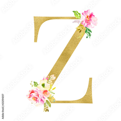 Gold and Floral Monogram Letters. Decorative ABC Alphabet