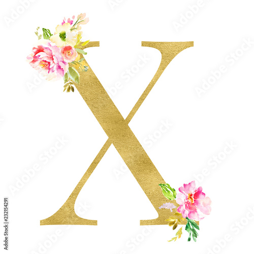 Gold and Floral Monogram Letters. Decorative ABC Alphabet
