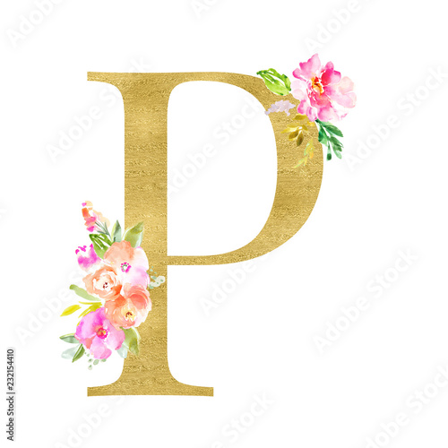 Gold and Floral Monogram Letters. Decorative ABC Alphabet