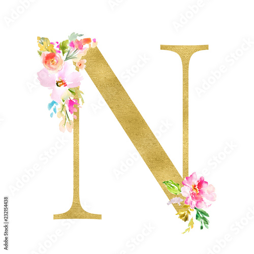 Gold and Floral Monogram Letters. Decorative ABC Alphabet