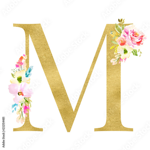 Gold and Floral Monogram Letters. Decorative ABC Alphabet