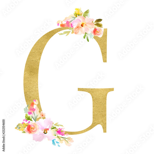Gold and Floral Monogram Letters. Decorative ABC Alphabet