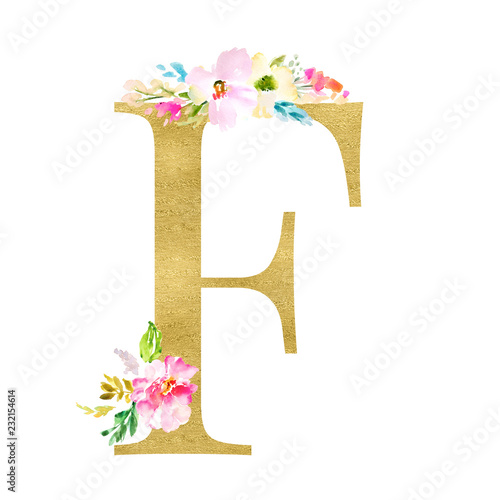 Gold and Floral Monogram Letters. Decorative ABC Alphabet