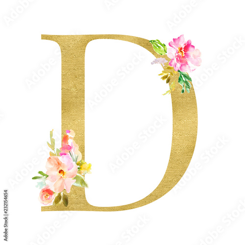 Gold and Floral Monogram Letters. Decorative ABC Alphabet