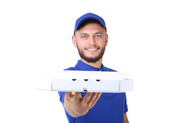 Delivery man with pizza in cardboard box isolated on white background