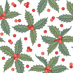 Wall Mural - Hand draw engraving of a holly berry in a seamless pattern.