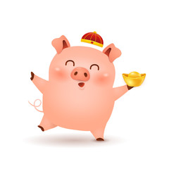 Chinese New Year 2019. Funny cartoon Little Pig character design with traditional Chinese red hat and holding chinese gold ingot isolated on white background. The year of the pig. Zodiac of the Pig