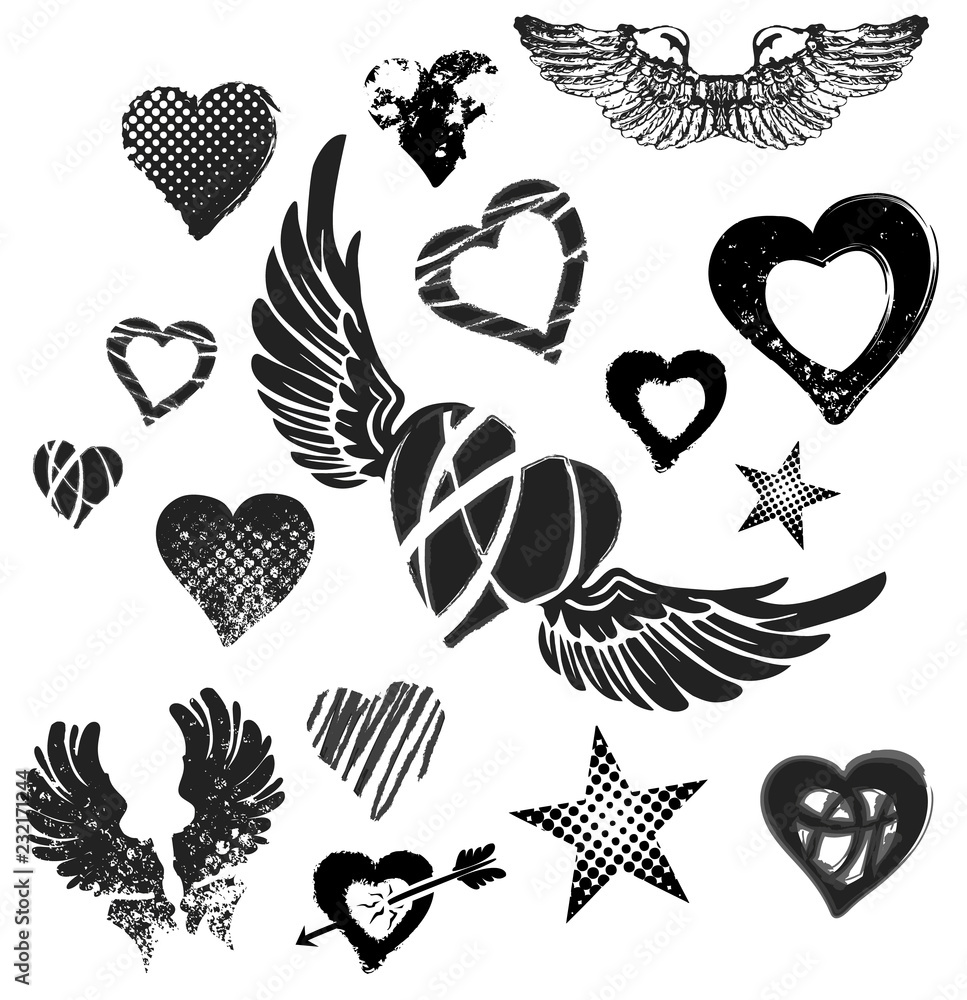 Hearts Wings And Stars On White Background Grunge Vector Stock Gamesageddon
