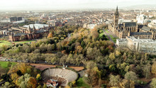 Aerial Image Over The Restored Open Air Bandstand And Amphitheatre In Kelvingrove Park, Glasgow, Surrounded By Autumn Coloured Woodland And The River Kelvin, To The Art Gallery And Museum.