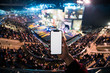 Woman's hands using digital application on the mobile smart phone at esport event at big arena. Copy space.