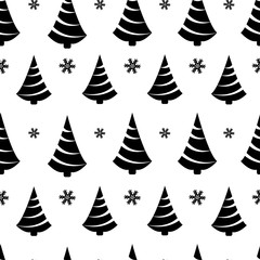 Wall Mural - Geometric seamless pattern with black christmas tree and snowflake isolated on white background. Vector illustration