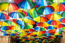 Decorative Umbrellas In The Streets Of Bucharest, Romania