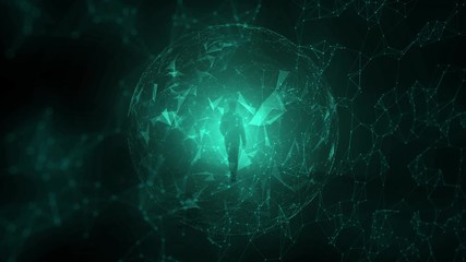 Wall Mural - person walks through artistic tunnel with computer cyberspace background.