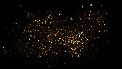 Wall Mural - golden glitter dust on black background. sparkling splash illustration with gold powder. bokeh glowi