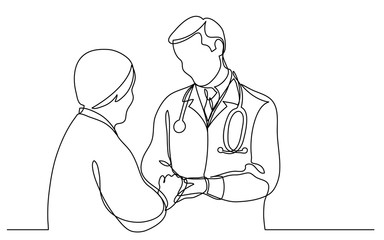 Poster - continuous vector line drawing of doctor consulting senior patient