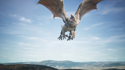 Wall Mural - Big dragon flying over desert. 3D Rendering