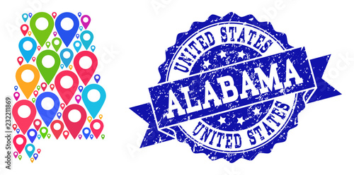 Compositions Of Colorful Map Of Alabama State And Grunge Stamp Seal Mosaic Vector Map Of Alabama State Is Formed With Colorful Site Pins Abstract Design Elements For Touristic Projects Buy This