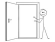 © Zdenek Sasek - Cartoon stick drawing conceptual illustration of man or businessman inviting to go through open door.