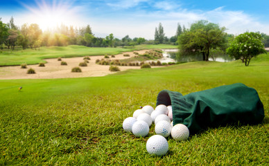 Sticker - Golf Balls for training in green fabric bag on the golf course in morning. The concept of playing sport is to relax in vacation day	