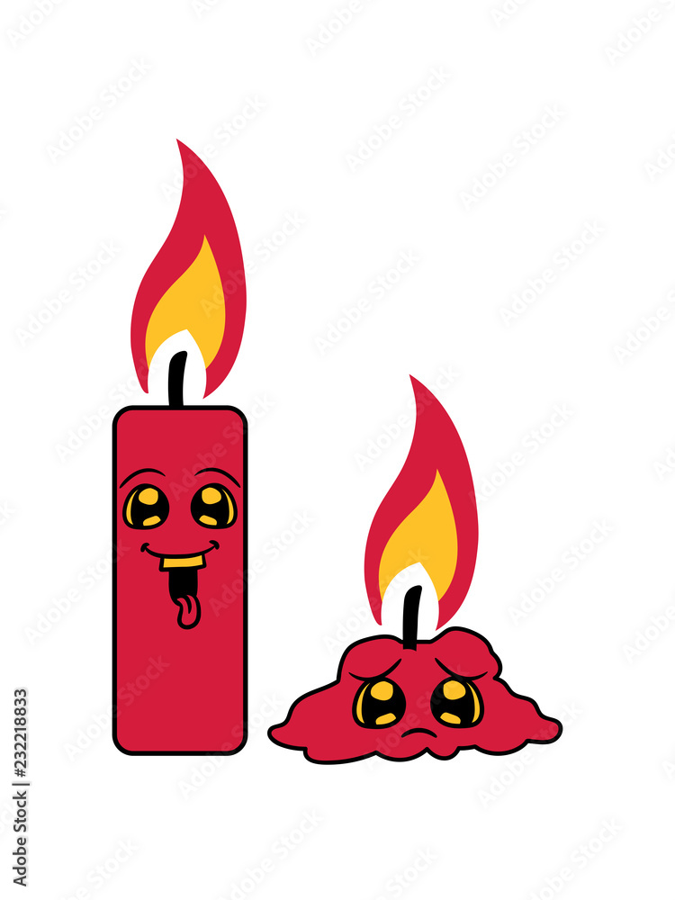 2 kerzen team paar lustig traurig abgebrannt comic cartoon gesicht flamme feuer kerze wachs brennen dekorativ design clipart design geburtstag kuchen Stock-illustration