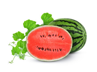 Wall Mural - whole and half watermelon with green leaves isolated on white background