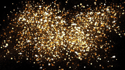 Wall Mural - golden glitter dust on black background. sparkling splash illustration with gold powder. bokeh glowi