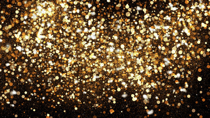 Wall Mural - golden glitter dust on black background. sparkling splash illustration with gold powder. bokeh glowi